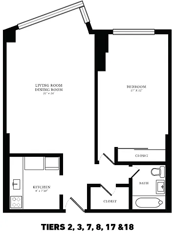 Floor plan Tier 02/03/07/08/11/12/13/17/18 (1BR/1BA)