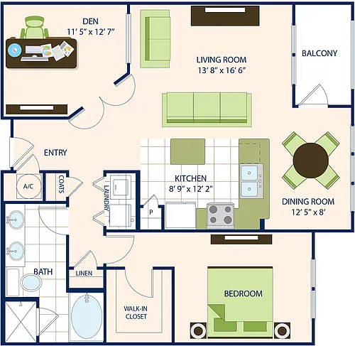 Floor plan One Bedroom One Bath with Den (1146 SF)