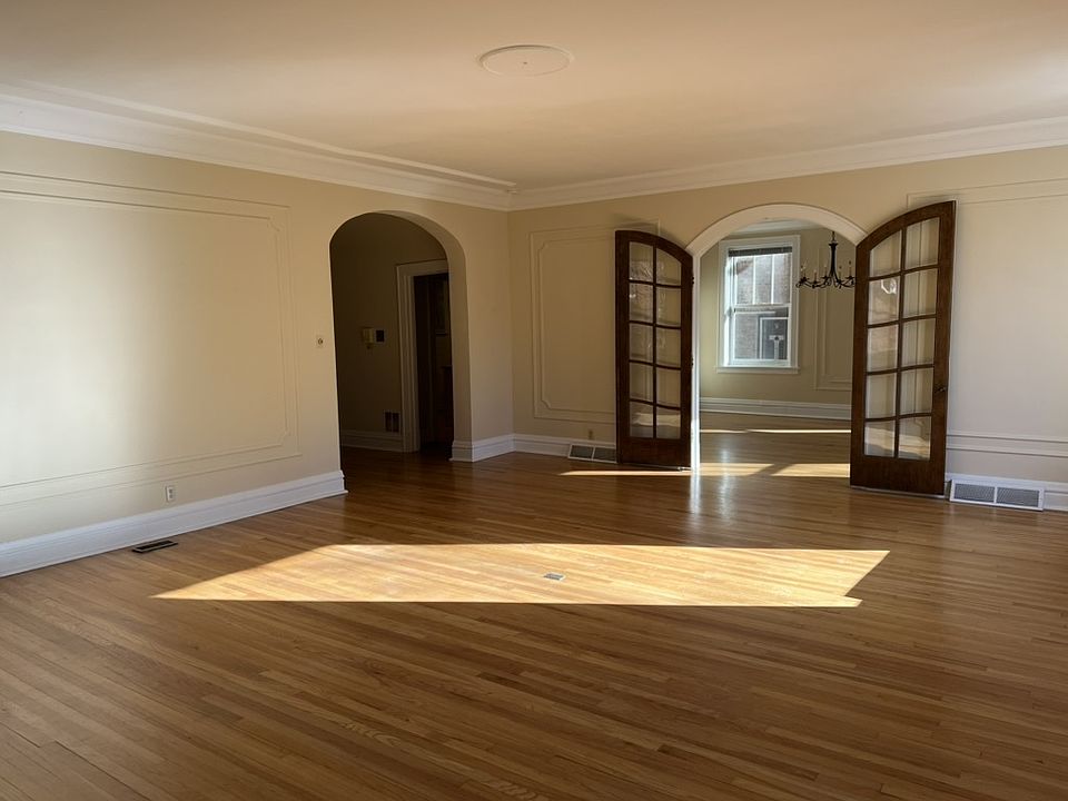 Living room with wood-burning fireplace