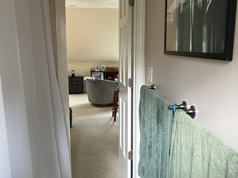 Bathroom view looking into living room