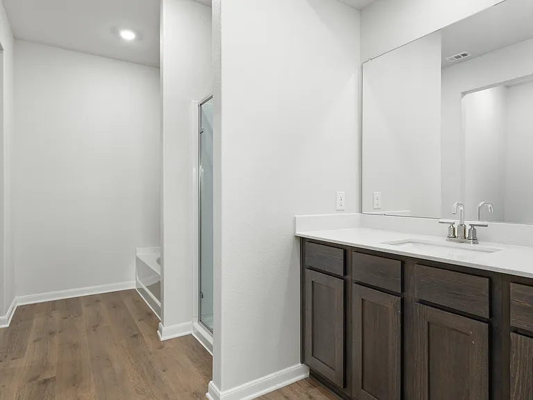 The master bathroom has a spacious vanity space.