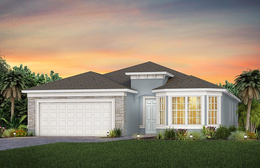 The Mystique, a one-story single family home with a 2 car garage, shown as home exterior FM3