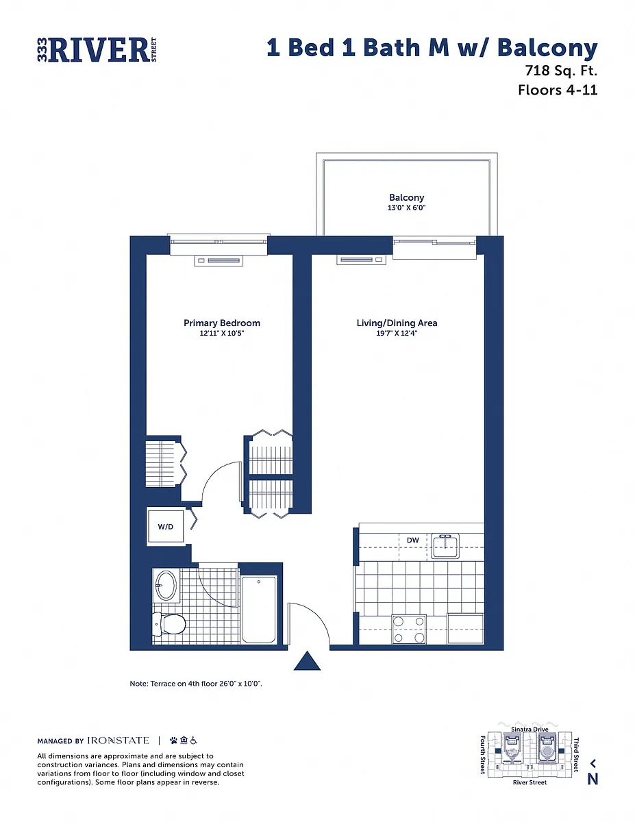 Floor plan 1 Bed 1 Bath M with Balcony