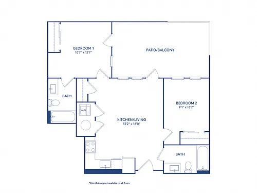 Floor plan 2 BR 2 BA (744-747 SF)