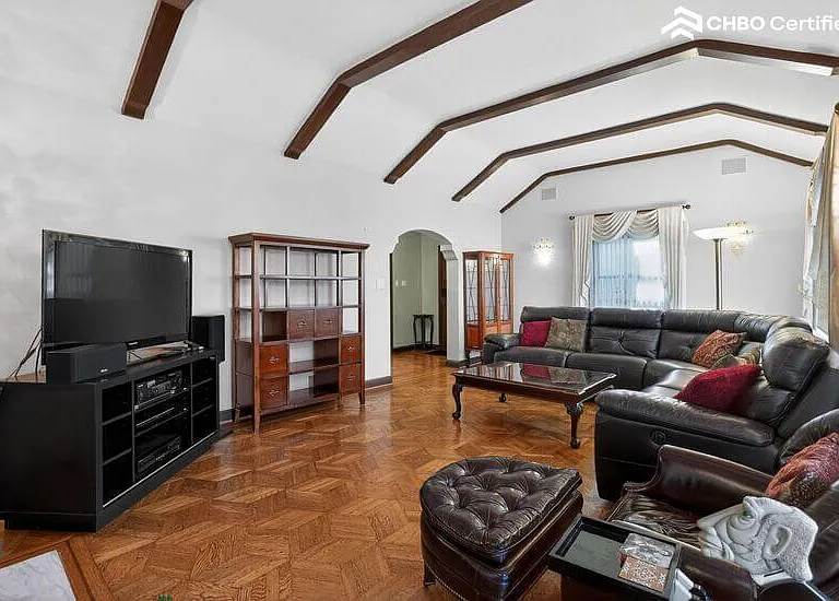 Living room with exposed beams