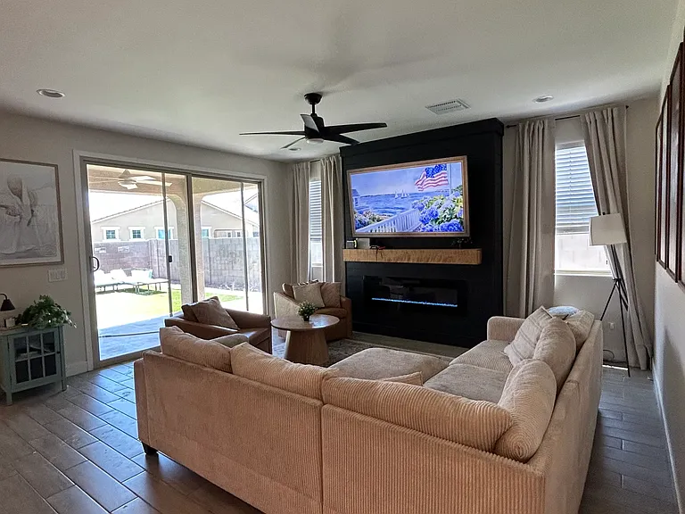 Great Room: Brand-New Custom Fireplace with Timber Mantle