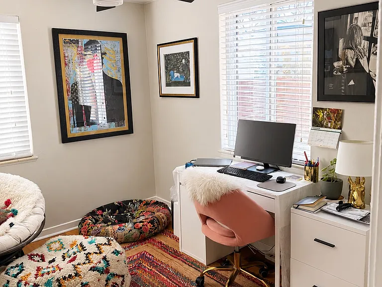 Bedroom 2 Currently used as office with desk, filing cabinet, papasan chair, poof, and large bookcase