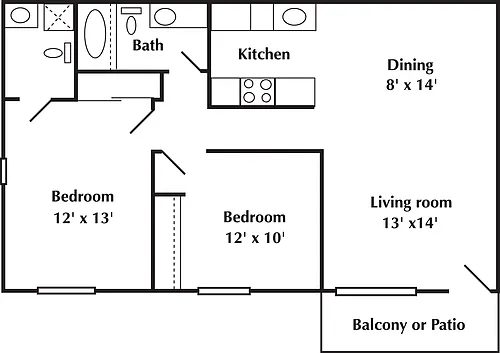 Floor plan 2 bed 2 Bath 728