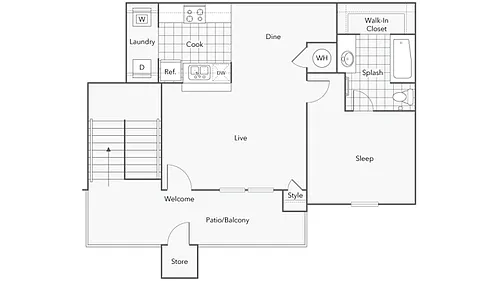 Floor plan 1BR x 1BA with Washer/Dryer