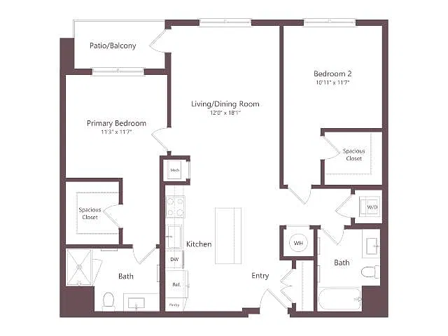 Floor plan B1 | 2 Bed | 2 Bath