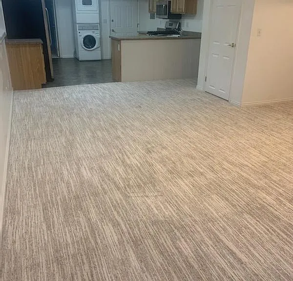 Living room, looking into dining area and kitchen.