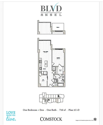 Floor plan 1 Bed/1 Bath Den-1C+d