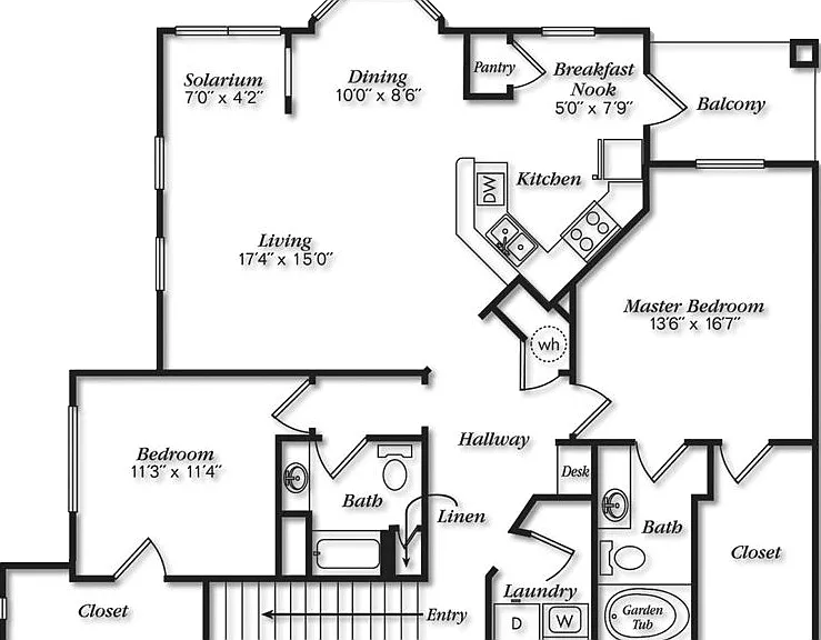 Inviting floor plan with 2 spacious bedrooms, a modern kitchen with breakfast nook, elegant dining area, and a cozy solarium. Features 2 baths, living room, balcony, and convenient laundry space. Inviting floor plan with 2 spacious bedrooms, a modern kitc