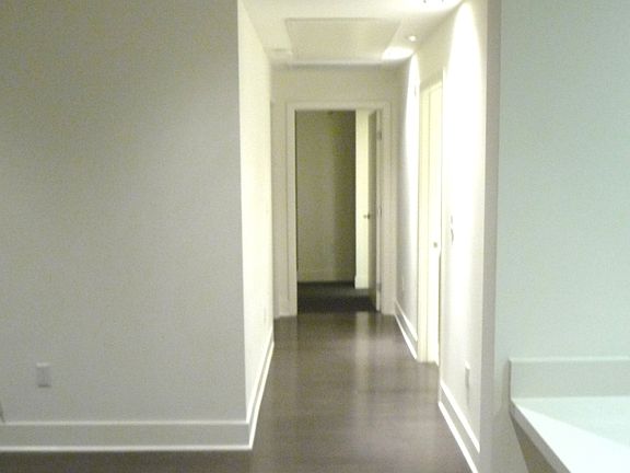 Natural bamboo flooring throughout living room and bedroom hallway