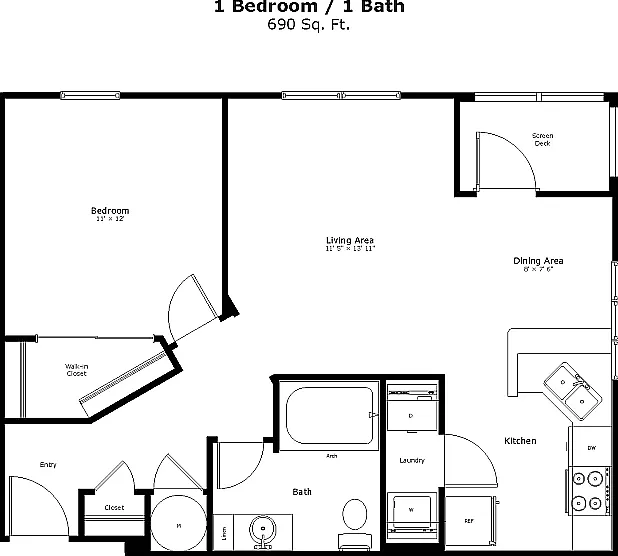 The Calico: 690 sq. ft. with a spacious living room, separate dining area, and screened-in patio or balcony for breezy downtime. The Calico: 690 sq. ft. with a spacious living room, separate dining area, and screened-in patio or balcony for breezy downtim