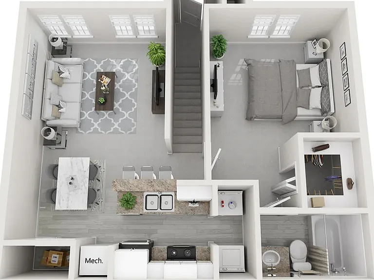 A 3D floor plan rendering of The Ascot.