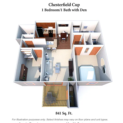 Floor plan The Chesterfield Cup: 1 Bed, 1 Bath with a Den