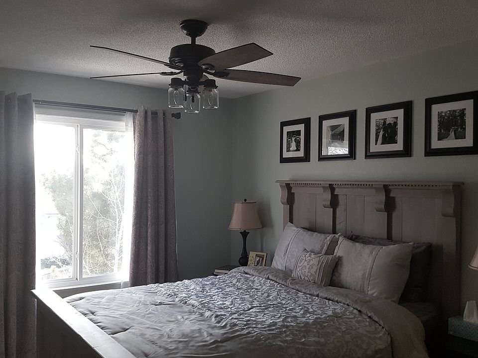 New paint, trim, and ceiling fan in master bedroom