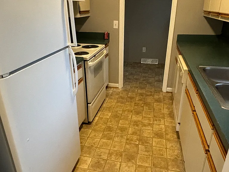 Kitchen with stove, refrigerator, and dishwasher and lots of cabinets.