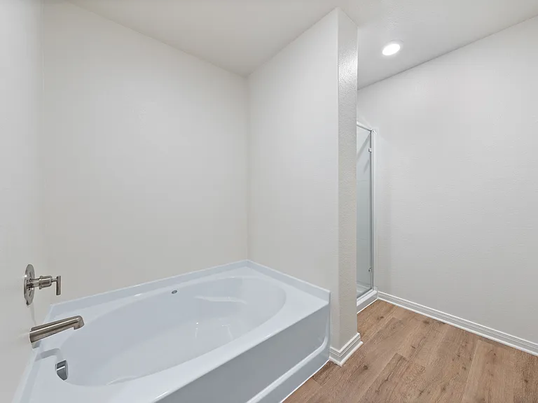 The master bathroom has a large garden tub and glass, walk-in shower.