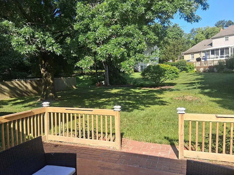 View from patio of park like backyard