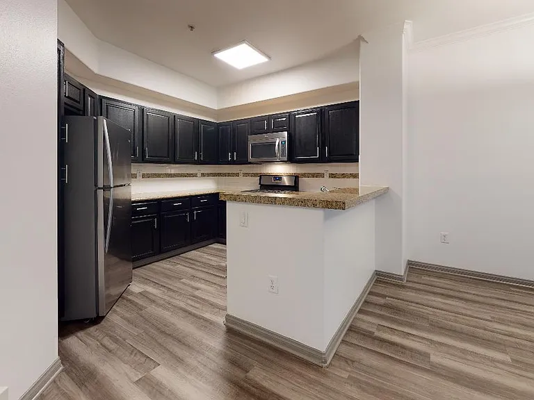 Apartment kitchen with stainless steel appliances, granite countertops and wood-style flooring.