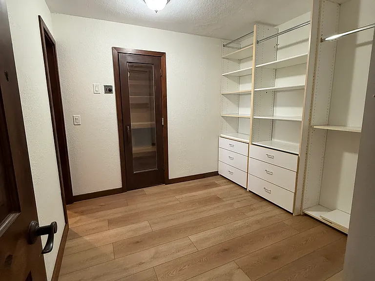 walk in closet in primary bedroom! Yep, that's the sauna behind that glass door!