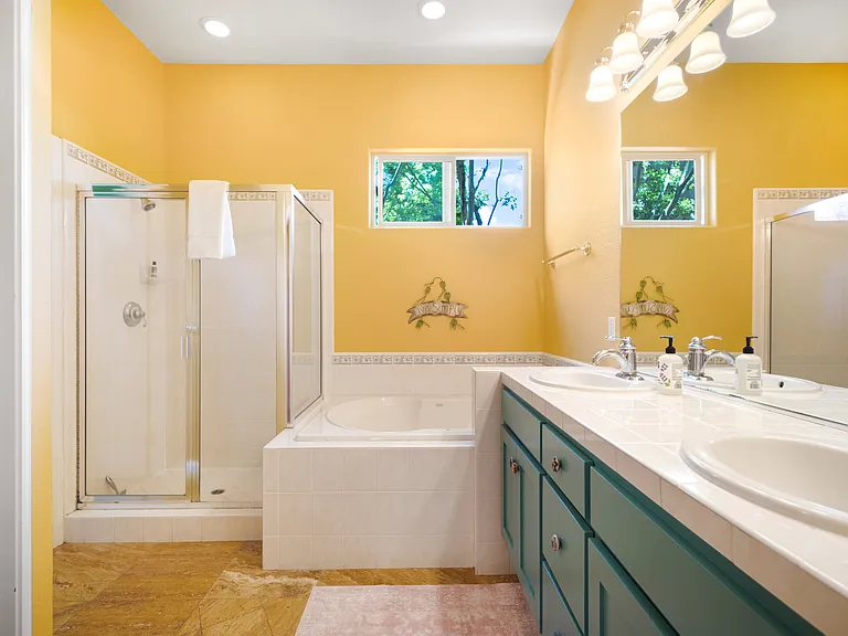 Primary suite bathroom with shower and large tub
