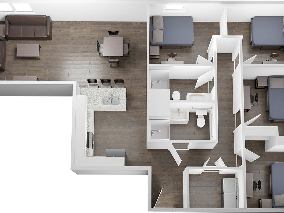 #402 Fully furnished unit
COMMON LIVING AREA:
Sofa & Loveseat
End table & Coffee table 
Entertainment table
Dining room pub table & 4 chairs
Breakfast bar & 3 chairs
EACH BEDROOM:
Full XL Bed
4 drawer dresser (tall or under bed)
Desk & Chair
Nightstand