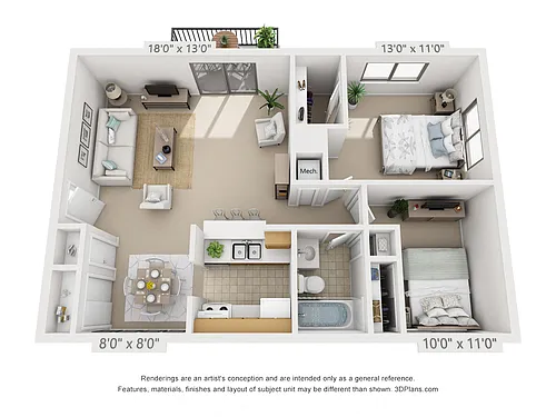 Floor plan 2 Bedroom, 1 Bath (Balcony/Courtyard View)