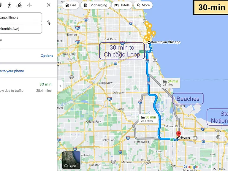 30-min to Chicago Loop according to Google Maps