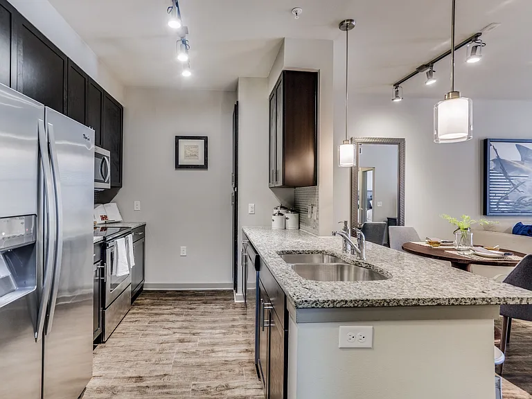 luxury kitchen with granite countertops, stainless steel appliances, and dark wood cabinetry