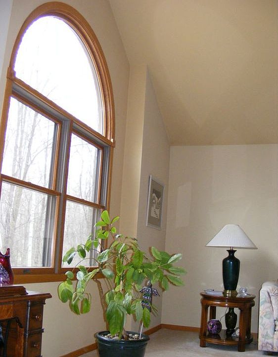 The living room is to the left of the front door. A cathedral ceiling and impressive window will greet your guests.  