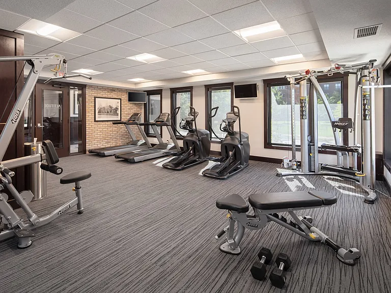 View of the fitness center at The Whitley apartments.