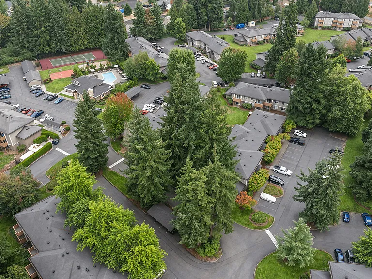 Aerial view showcasing the lush, tree-lined Willow Hill Apartments community.