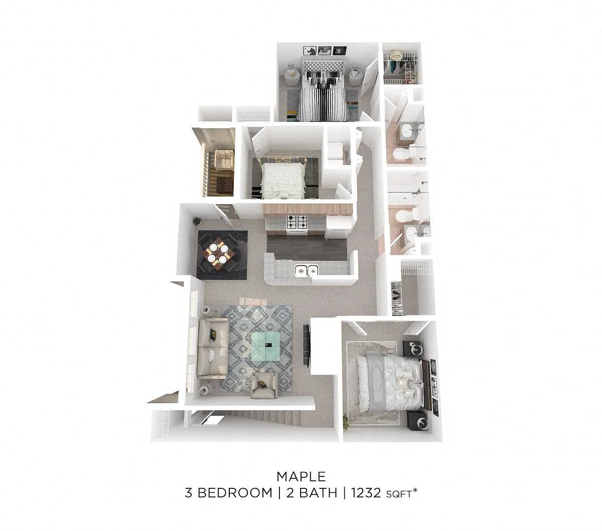 Floor plan Three Bedroom 2 Bath - 1,232 sqft