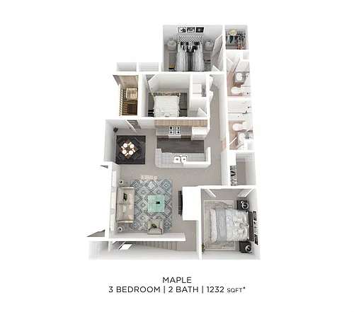 Floor plan Three Bedroom 2 Bath - 1,232 sqft