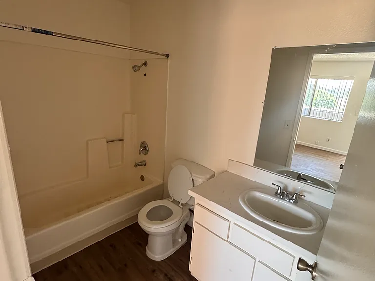 Bathroom with tub, shower, vanity, and wood flooring.