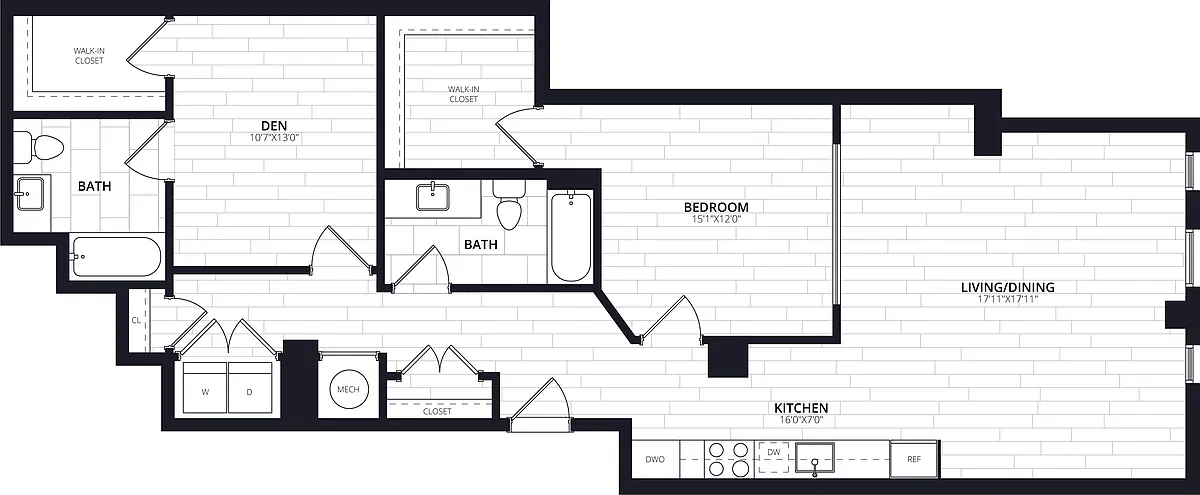 Floor plan 1 Bed/2 Bath JR Den-ABJD05