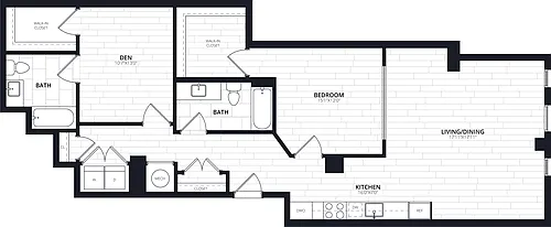 Floor plan 1 Bed/2 Bath JR Den-ABJD05