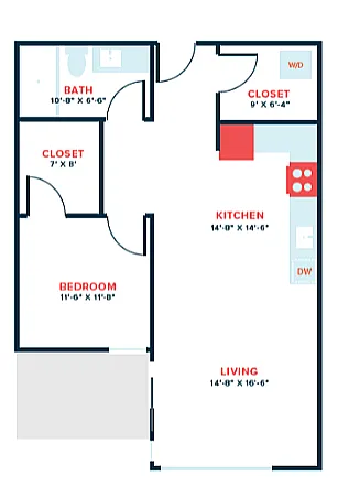 Floor plan 1 Bed, 1 Bath - Apt K