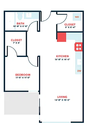 Floor plan 1 Bed, 1 Bath - Apt K