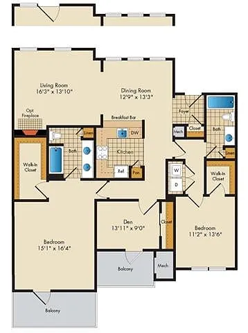 Floor plan 2 Bed 2 Bath Den