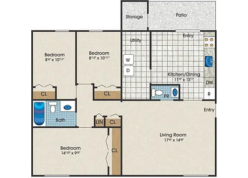 Floor plan 3 Bedroom 1.5 Bath Apartment