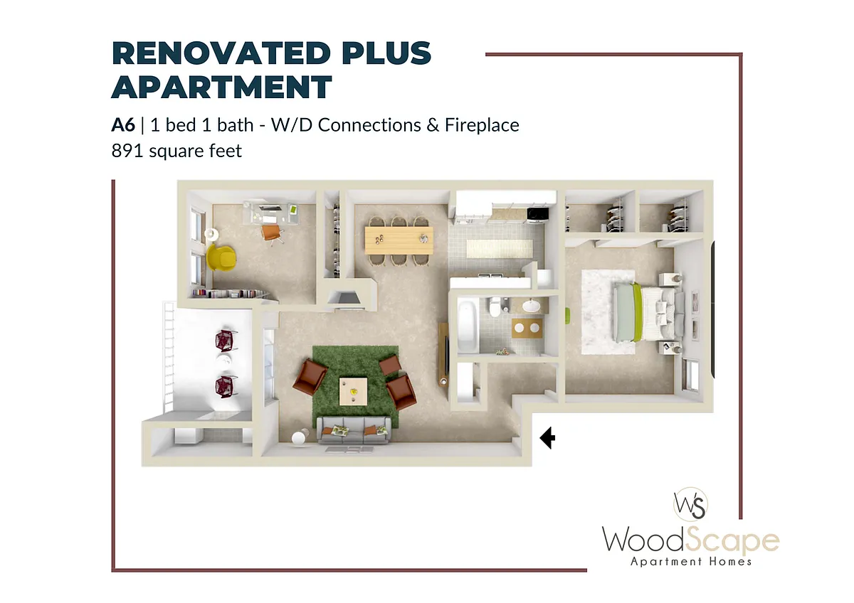 Floor plan A6 (W/D Connections and Fireplace) Renovated Plus