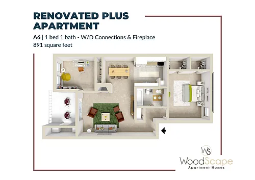 Floor plan A6 (W/D Connections and Fireplace) Renovated Plus