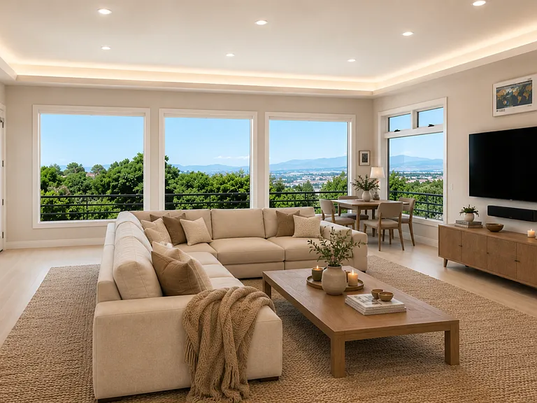 Panoramic mountain-to-ocean views fill this light-filled living room through expansive picture windows. Featuring a cozy fireplace, open-concept design, and seamless flow to the dining area, it's the perfect space for relaxing or entertaining.