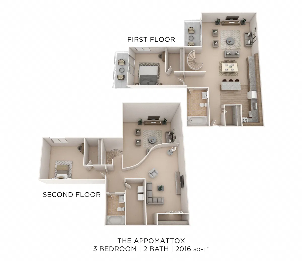 Floor plan Three Bedroom 2 Bath - 2,016 sqft