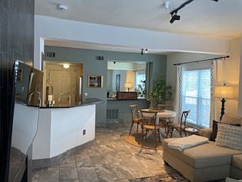 Extended kitchen counter and garage entry.