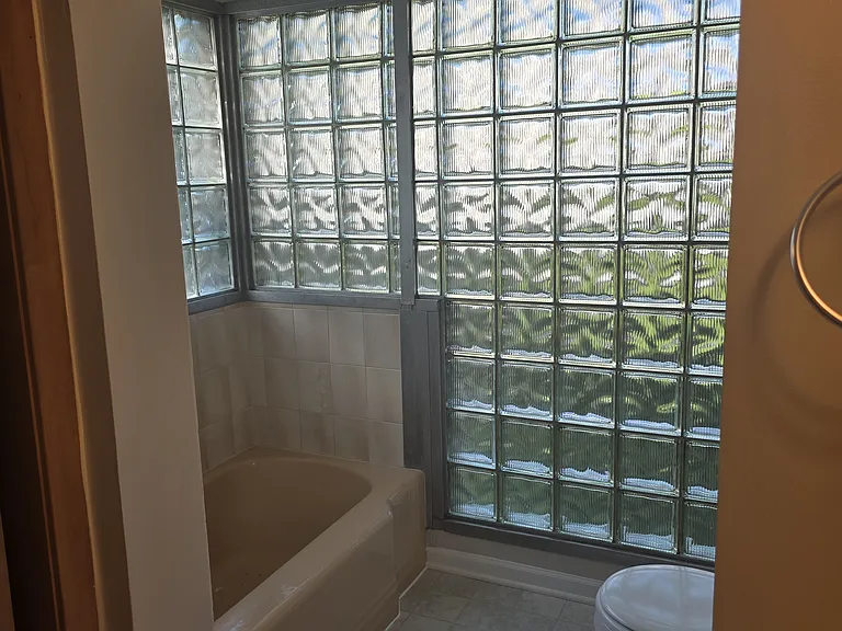 Retro Glass Block Bathroom with lots of light